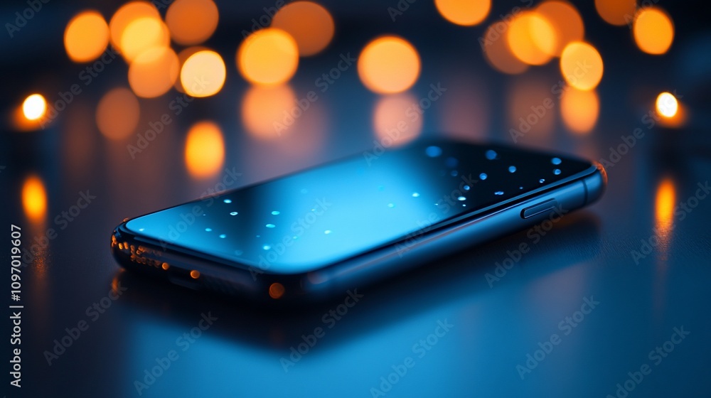 Poster Smartphone on reflective surface with bokeh lights.