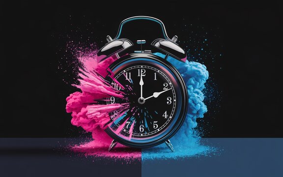 A 3D rendering of a classic alarm clock seemingly exploding into a vibrant cloud of pink and blue powder. The clock's design is sleek and modern, with a black face and teal accents. 