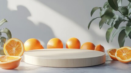 Wooden Platform Display with Oranges and Greenery