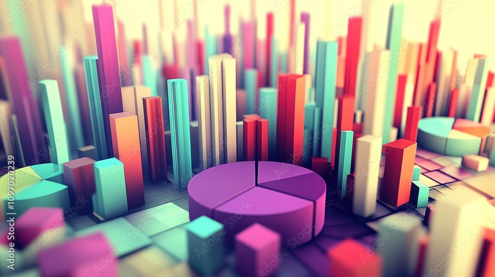 Poster 3D visualization of colorful data charts and graphs representing statistical information.