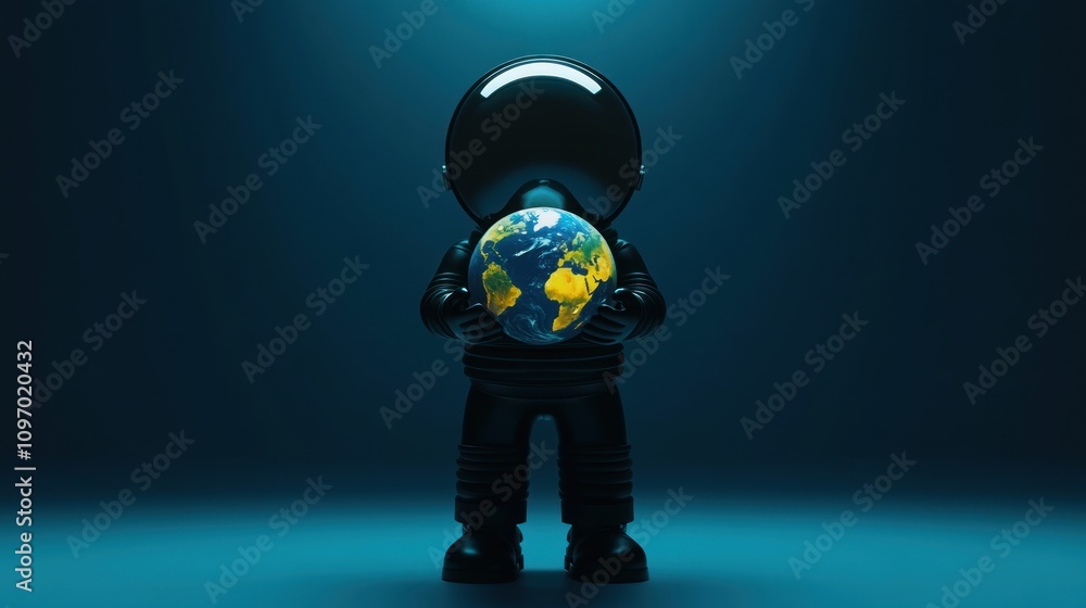 Poster a figure in a spacesuit holds a globe, symbolizing environmental awareness and exploration.