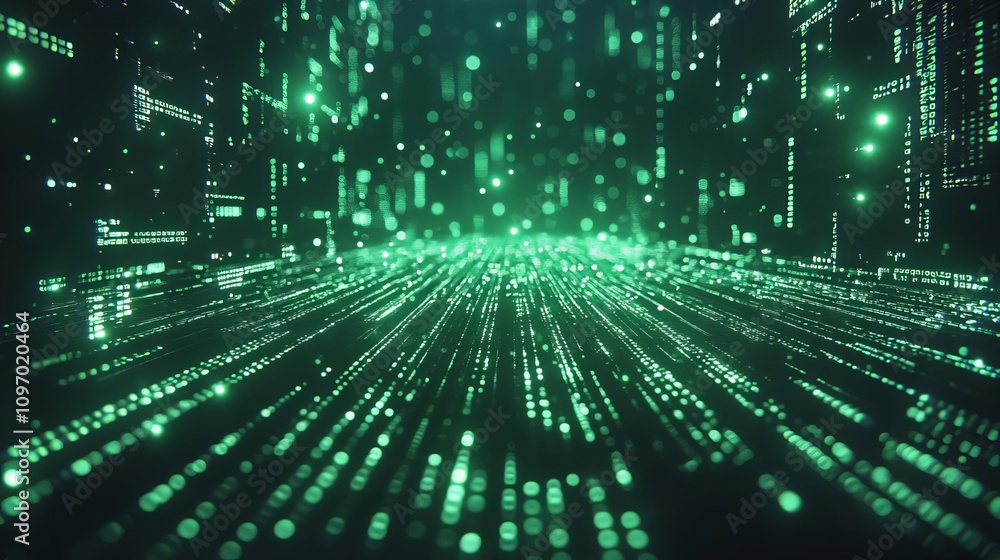 Poster a stunning visual of dynamic green data streams flowing through a digital landscape, representing ad