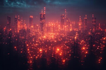 digital landscape showcasing a global network connection illuminated by city lights at night, symbolizing advanced technology and connectivity in a bustling, smart city environment