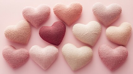 Fototapeta premium Colorful Fabric Hearts on Soft Pink Background for Romantic Decor