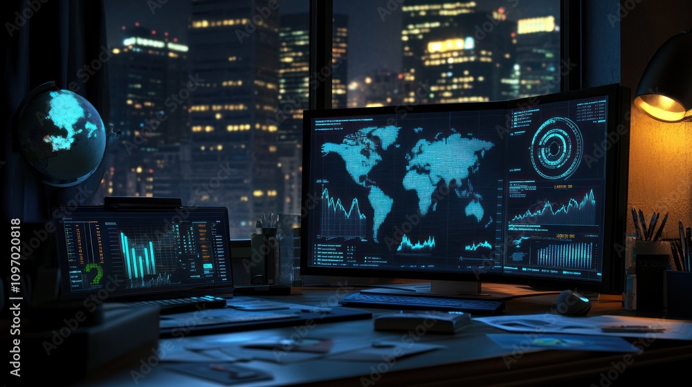 Poster A modern workspace featuring monitors displaying global data and analytics at night.
