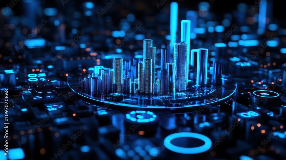 Aufkleber a futuristic digital cityscape with glowing skyscrapers and circuit-like patterns.