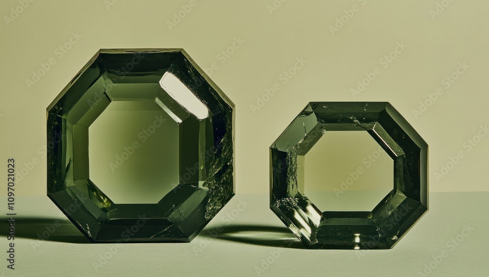 Poster two octagonal green gemstones displayed against a soft background.