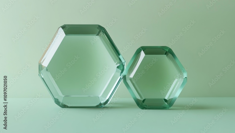 Poster Two hexagonal glass objects in varying sizes, reflecting light against a soft green background.