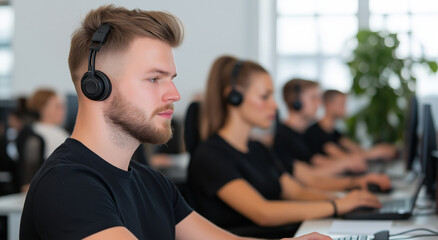 A modern office with focused young professionals working at computers, wearing headphones, in a collaborative tech environment