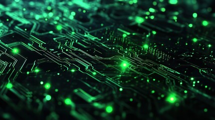Close-up of green circuit board with glowing lines