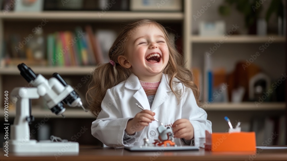 Poster a joyful child in a lab coat engages with science tools and toys, fostering curiosity.