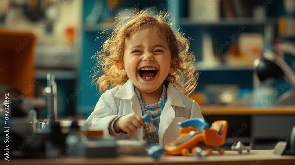 Poster a joyful child in a lab coat smiles while playing with toys in a creative workspace.