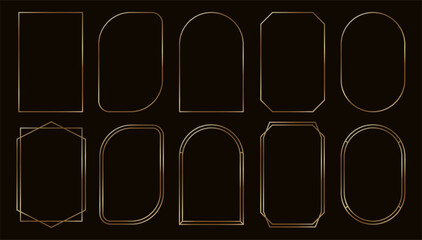 Golden frame. Art deco gold geometric frames, luxury rectangular linear borders for wedding invitation, minimalistic aesthetic. Shiny vintage subtle banner border vector set.