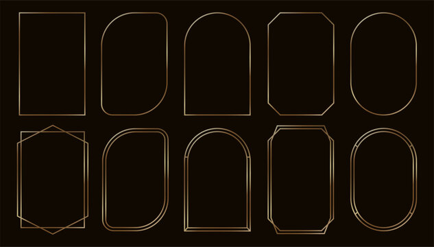 Golden frame. Art deco gold geometric frames, luxury rectangular linear borders for wedding invitation, minimalistic aesthetic. Shiny vintage subtle banner border vector set.
