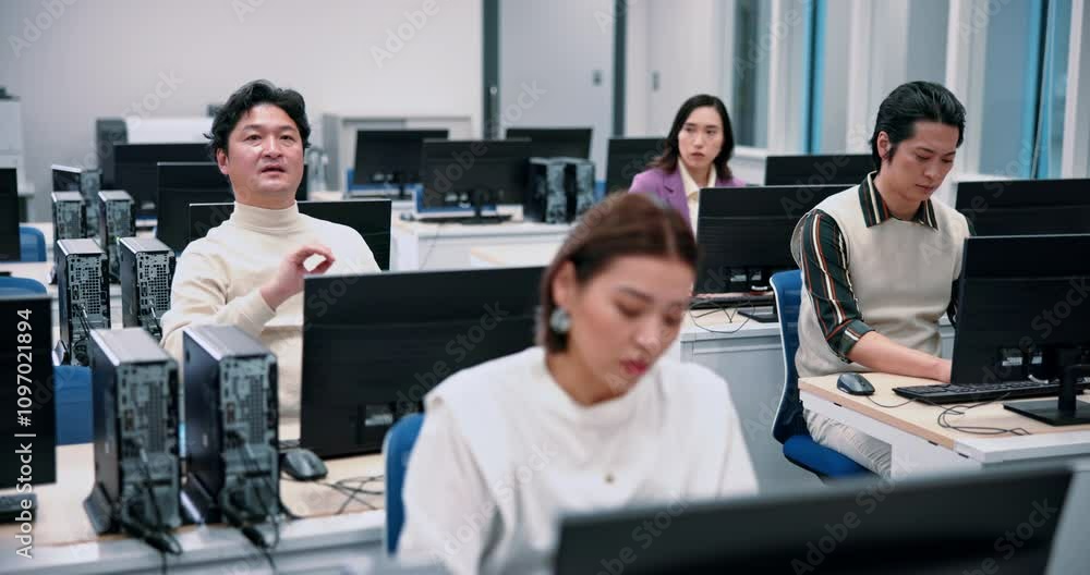 Poster Japanese man, question and computer science in lab for lesson, education and learning for degree. Group, people and technology in university or college for program, language and scholarship in school