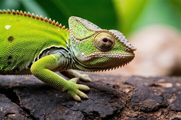 Fototapeta premium Detailed Close-Up Portrait of Leaf Green Chameleon Highlighting Unique Wildlife Characteristics