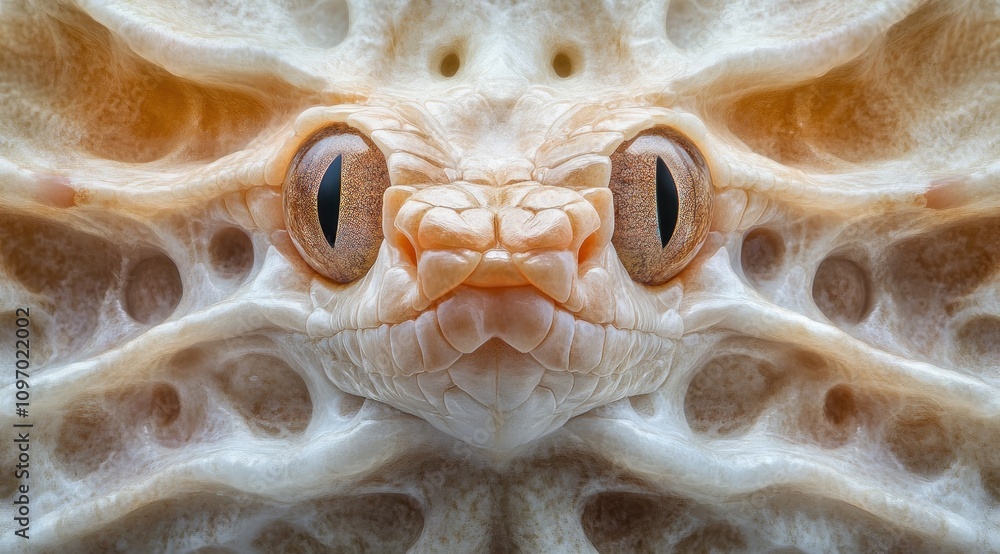 Poster A surreal close-up of a creature's face, blending textures and colors in a unique design.