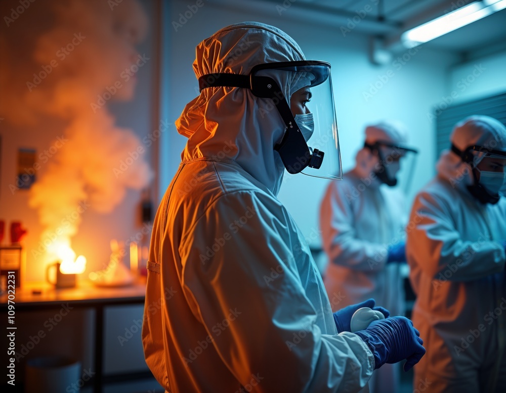 Aufkleber scientist in protective suit conducts experiment. lab worker focuses intently. colleagues assist in 