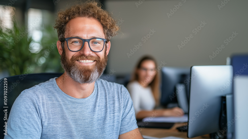 Aufkleber a smiling professional with glasses in a modern office environment, radiating confidence and positiv