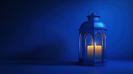 A glowing candle inside a decorative lantern, set against a blue background.