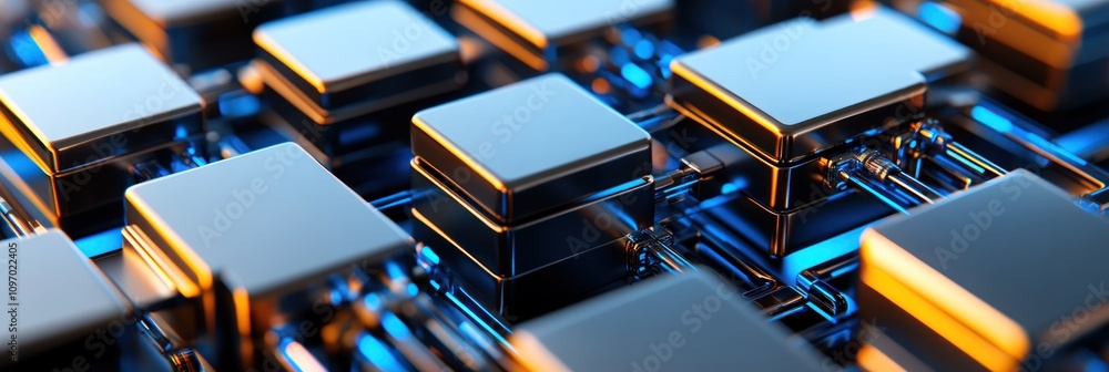Poster close-up of metallic circuit components with a futuristic design.