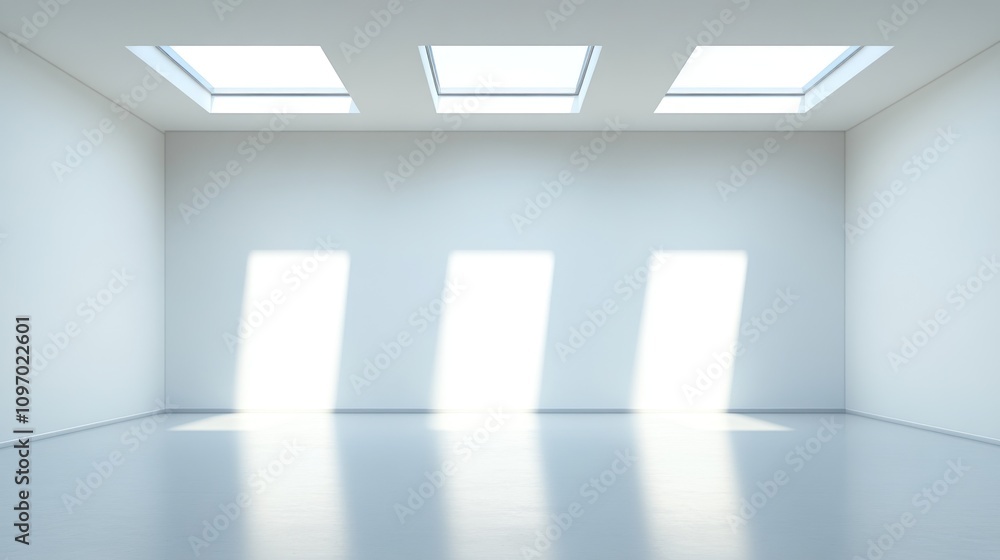 Poster a minimalist room with skylights casting shadows on a smooth floor.