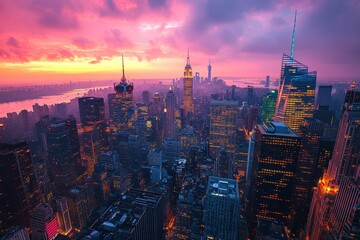 Obraz premium A stunning sunset view of a vibrant city skyline with towering skyscrapers.