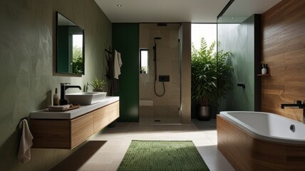 Modern bathroom with green walls, wood accents, freestanding tub, and walk-in shower.