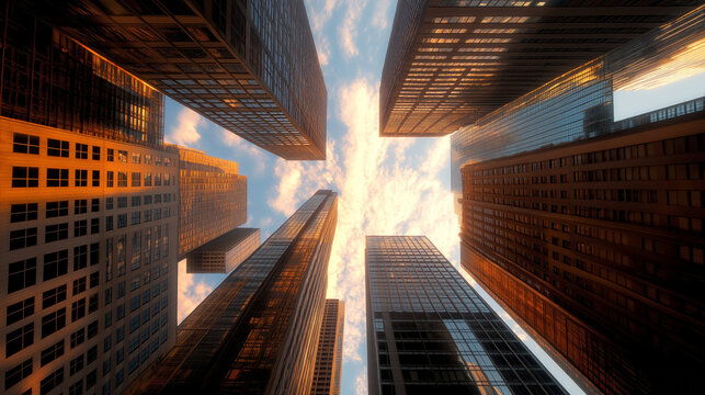A dramatic upward perspective of modern skyscrapers glowing with warm sunlight against a vibrant blue sky, showcasing urban architecture and innovation.