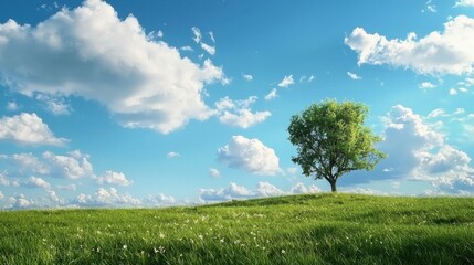 Obraz premium Beautiful Green Tree on Hill Under Dramatic Blue Sky and Clouds