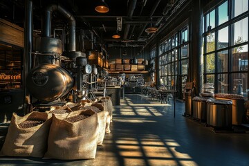 Industrial Coffee Roastery With Bags Of Beans