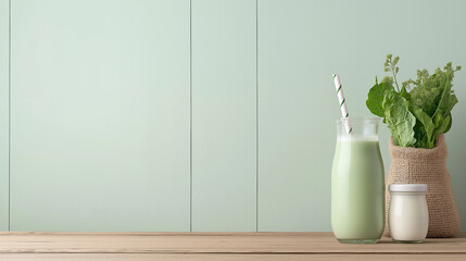 A refreshing green smoothie made with fresh leafy greens, served in a glass jar with a straw, symbolizing healthy and plant-based living.