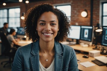 Portrait of smiling biracial female design professional in creative office