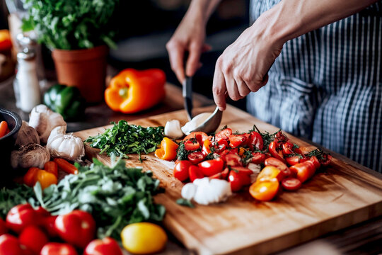 Person standing in a modern, bright kitchen, chopping a fresh tomato on a cutting board. Bright kitchen environment with a person chopping a tomato