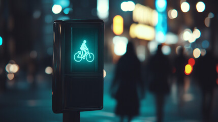 Night City Bicycle Traffic Light  Urban Cycling Safety  Green Signal