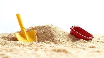 A yellow shovel and a red toy boat resting on a mound of sand, suggesting beach play.