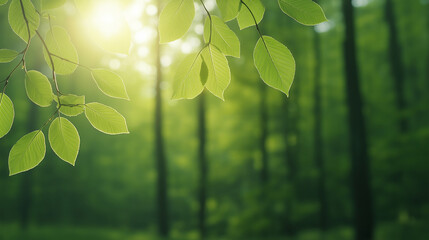 Obraz premium A serene forest scene with vibrant green leaves illuminated by soft sunlight, creating a peaceful and calming natural ambiance.