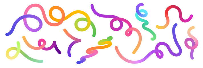 Color gradient lines. Wavy rainbow gradient swirly shapes, colorful iridescent fluid dynamic ribbons. Flowing spiral strokes vector isolated set.