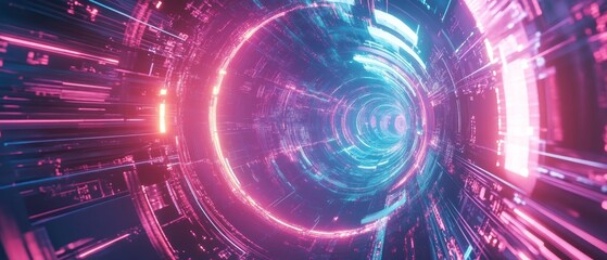 Fototapeta premium Abstract Digital Tunnel Neon Lights Data Flow