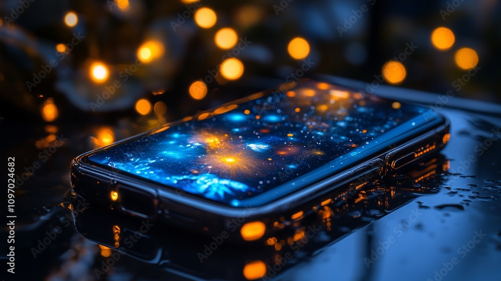 Poster smartphone displaying cosmic nebula, rain drops, bokeh lights.