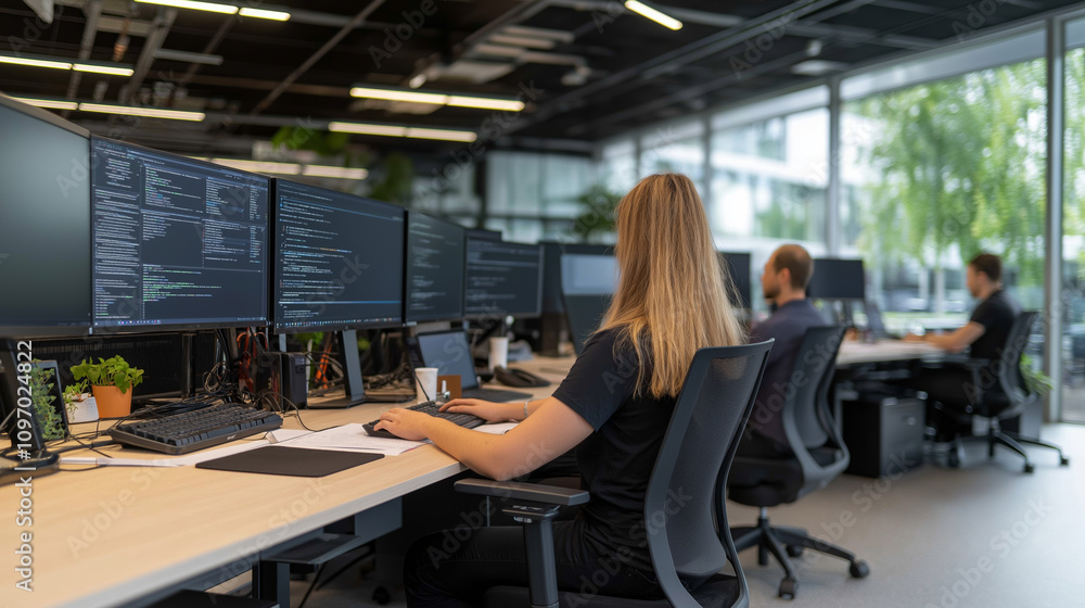 Poster a team of developers collaborating in a modern office with multiple monitors and natural light, show