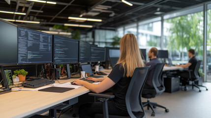 A team of developers collaborating in a modern office with multiple monitors and natural light, showcasing innovation, productivity, and technology-driven teamwork