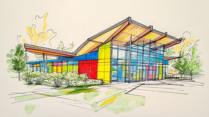 Colorful Modern Building Architectural Sketch  Design Drawing  Concept Plan  House  Home