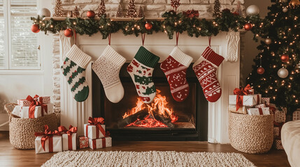Fototapeta premium A cozy and festive scene of Christmas stockings hanging on the mantel, illuminated by a warm fireplace, ready for the holiday magic.