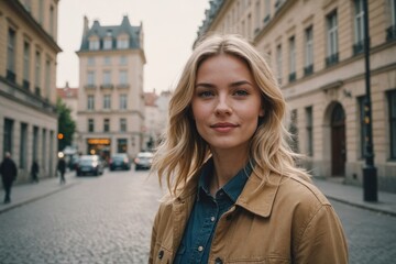 Happy young woman with blond hair standing in front of building
