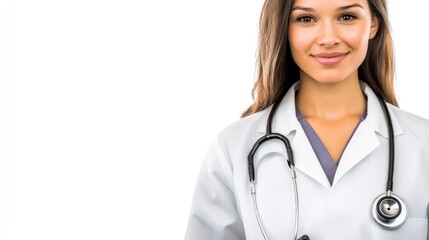 Fototapeta premium A smiling female doctor in a white coat with a stethoscope around her neck.