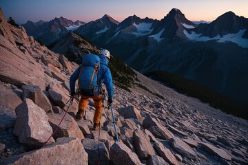 Fototapeta premium Twilight Climber Scaling Rocky Mountain Ascent in Scenic Wilderness