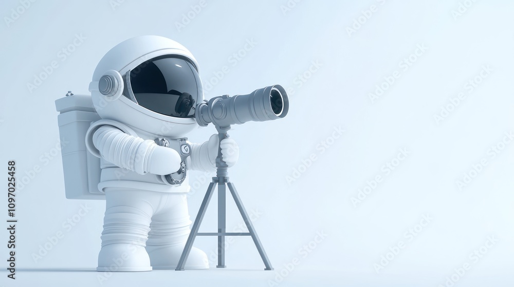 Poster a stylized astronaut using a telescope on a minimalist background.