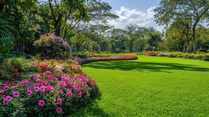 Obraz premium Vibrant Flower Garden Lush Green Lawn Sunny Day