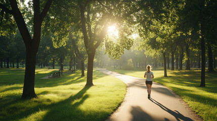 Fototapeta premium A young woman jogging on a sunlit park path surrounded by lush green trees, embracing nature and fitness in a peaceful outdoor setting